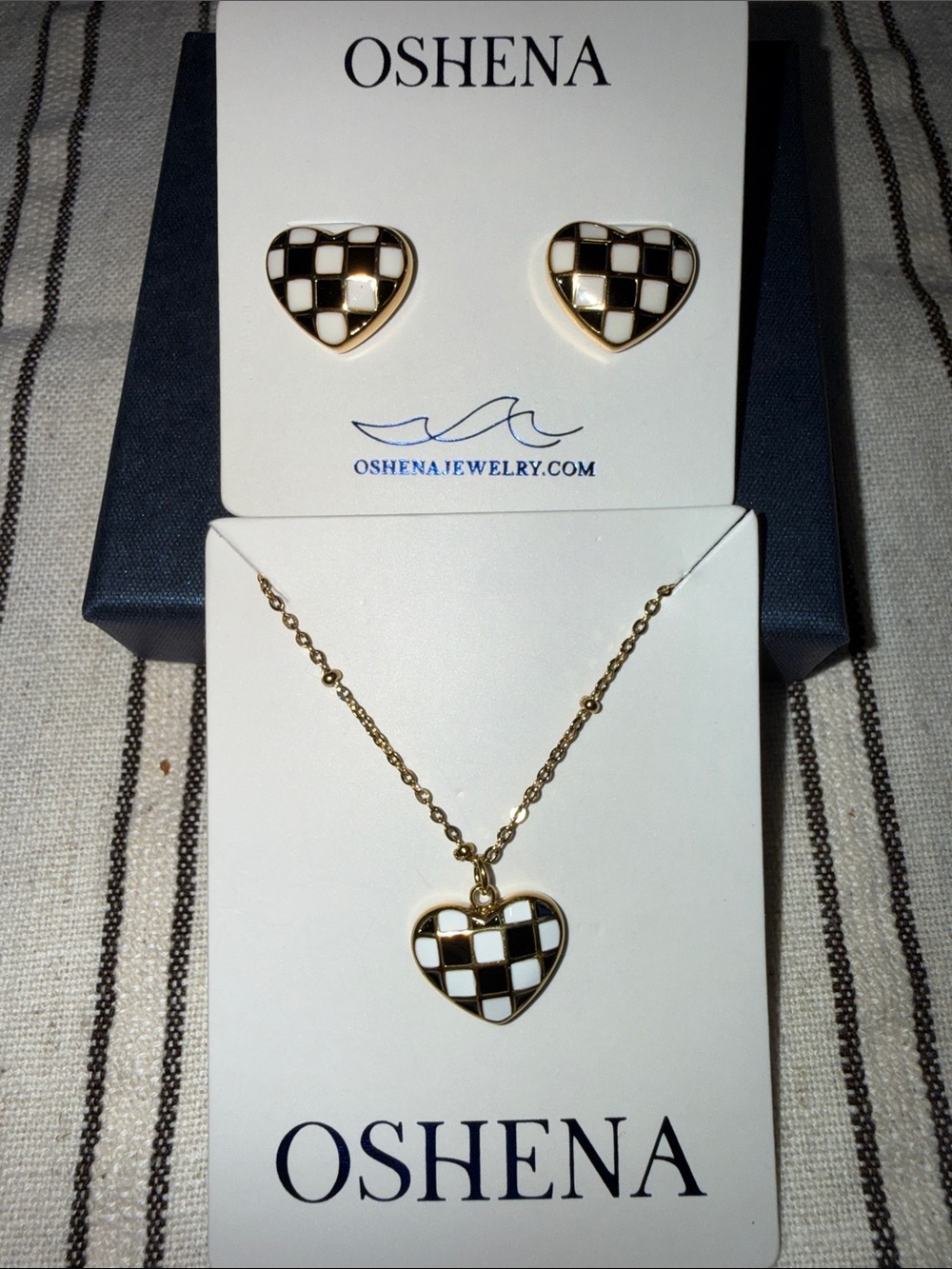 Gold Black & White Checkered Heart Necklace and Stud Earrings
